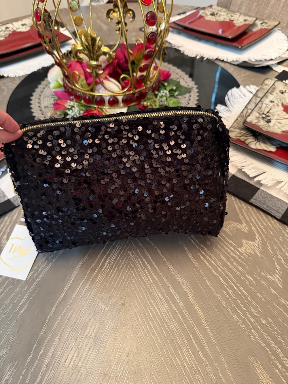 Black Sequin Zip Cosmetic Pouch